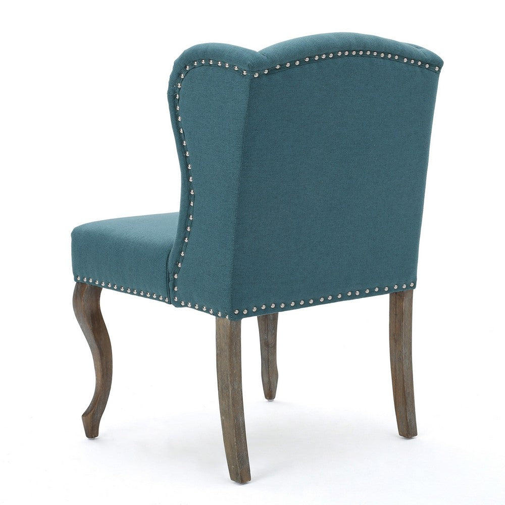 Benjara Zynx Accent Chair, Rubberwood Cabriole Legs, Button Tufted Teal Blue