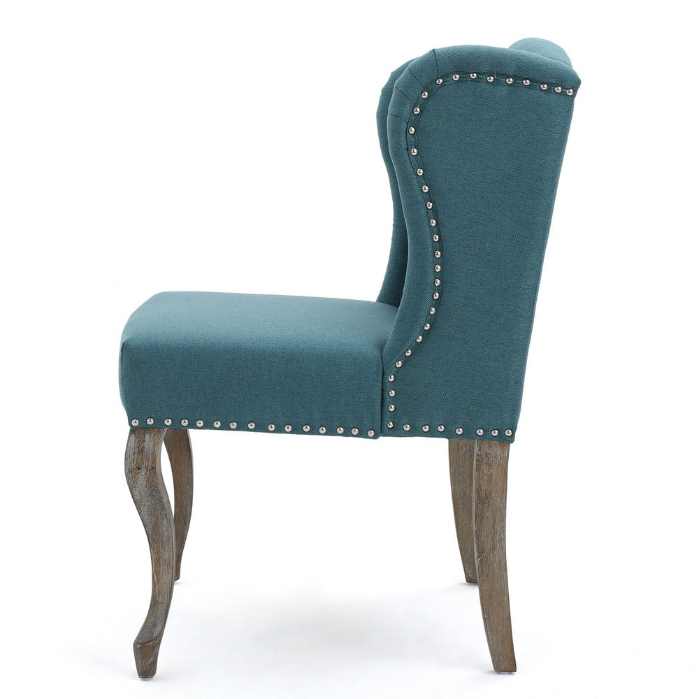 Benjara Zynx Accent Chair, Rubberwood Cabriole Legs, Button Tufted Teal Blue