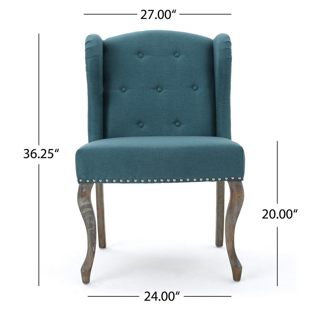 Benjara Zynx Accent Chair, Rubberwood Cabriole Legs, Button Tufted Teal Blue