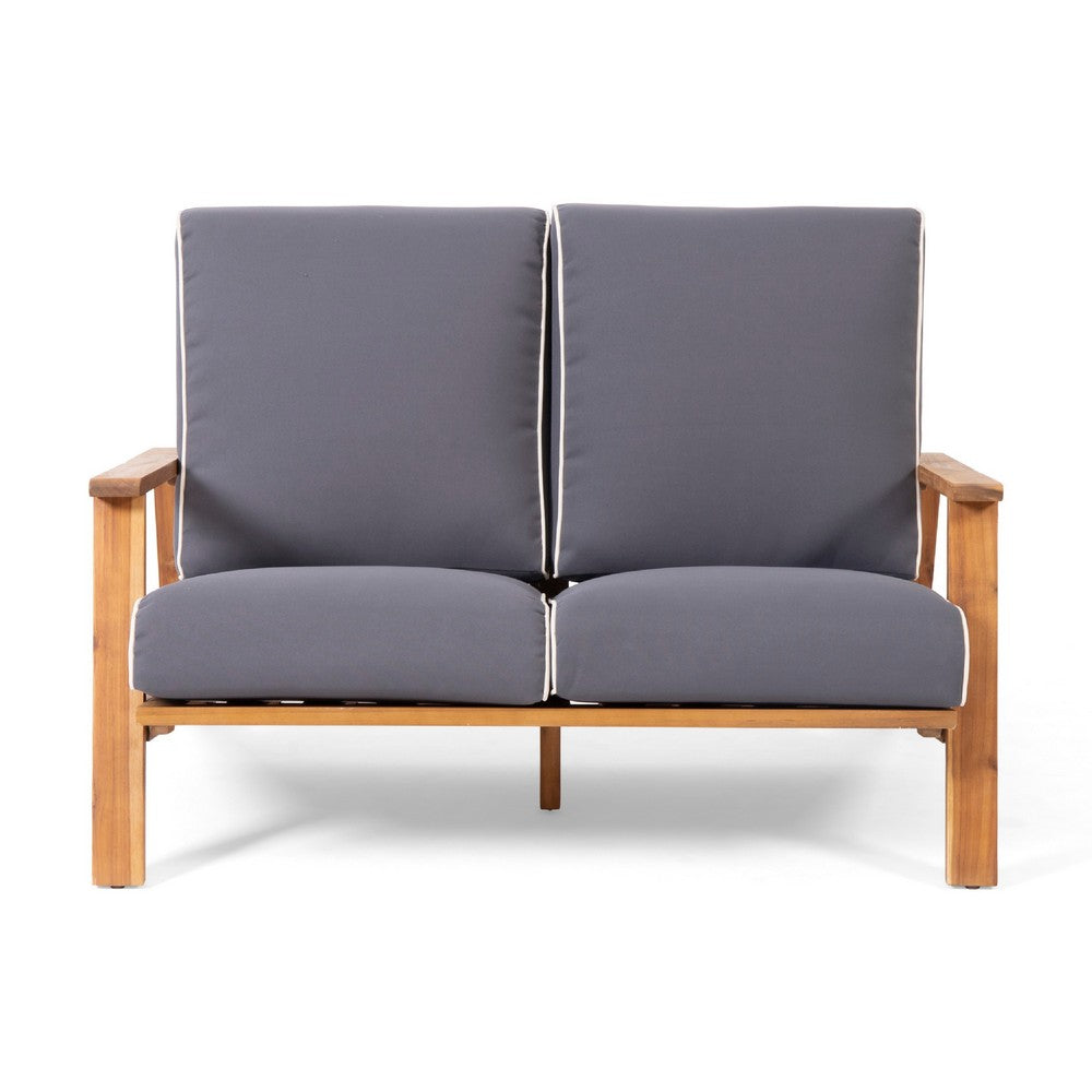Benjara Eddy 2pc Patio Loveseat And Coffee Table Set, Brown Acacia Wood, Gray
