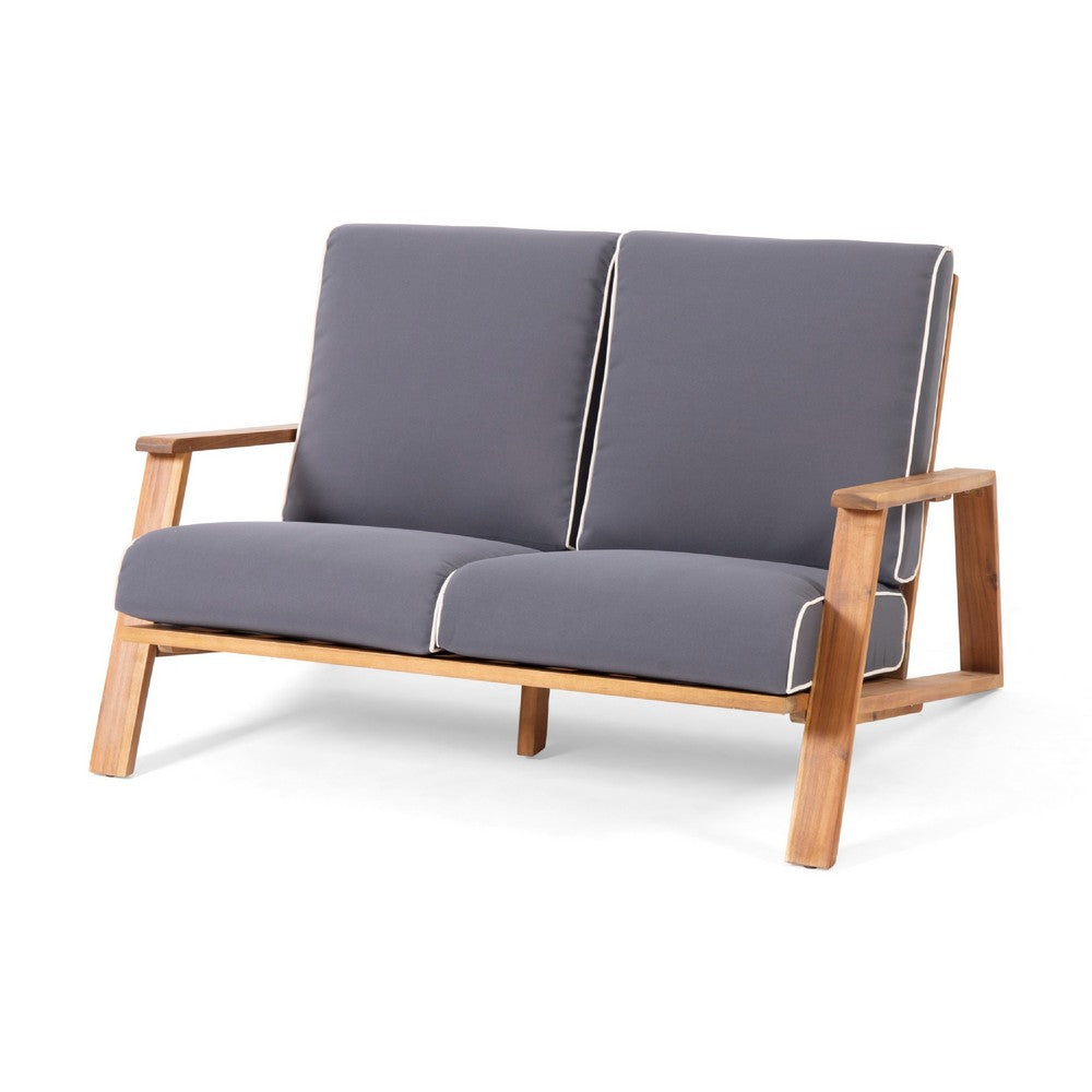 Benjara Eddy 2pc Patio Loveseat And Coffee Table Set, Brown Acacia Wood, Gray