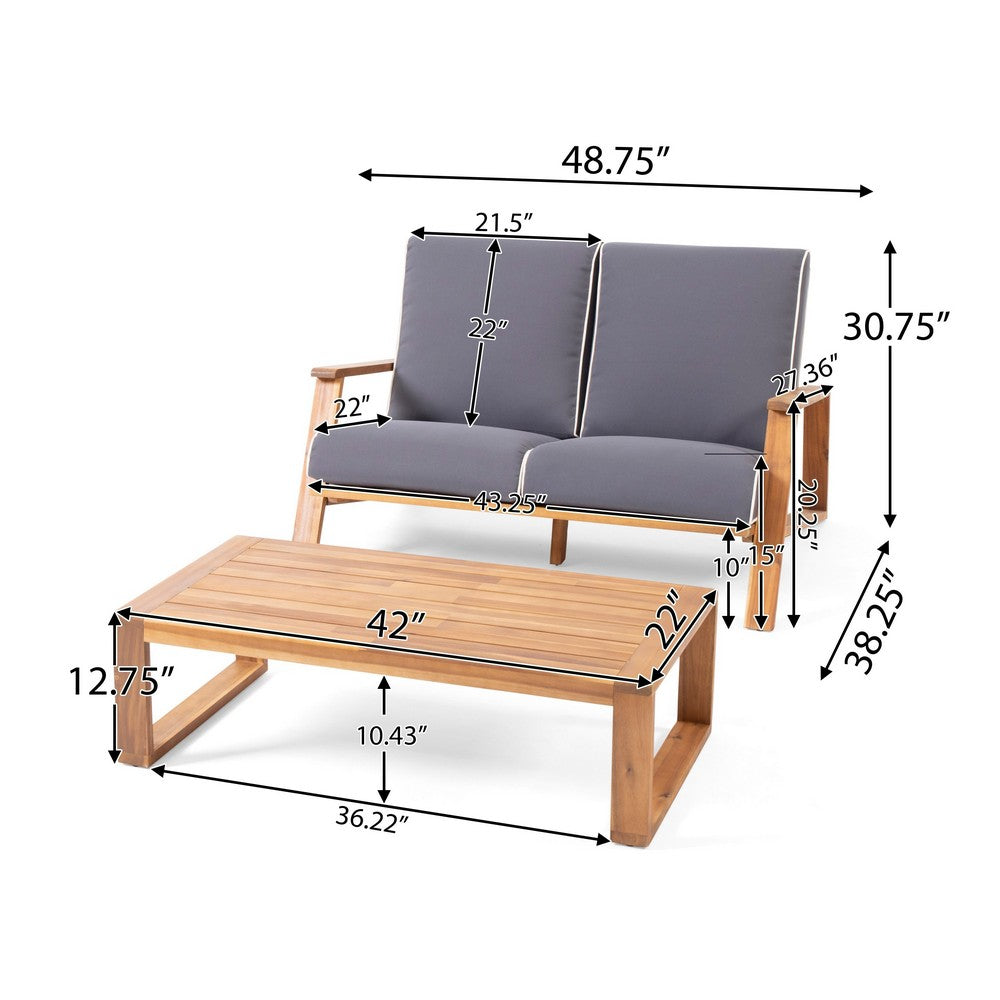 Benjara Eddy 2pc Patio Loveseat And Coffee Table Set, Brown Acacia Wood, Gray