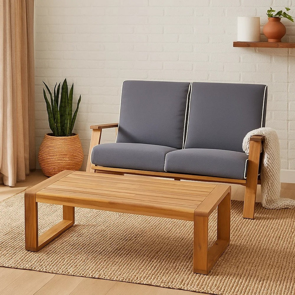 Benjara Eddy 2pc Patio Loveseat And Coffee Table Set, Brown Acacia Wood, Gray
