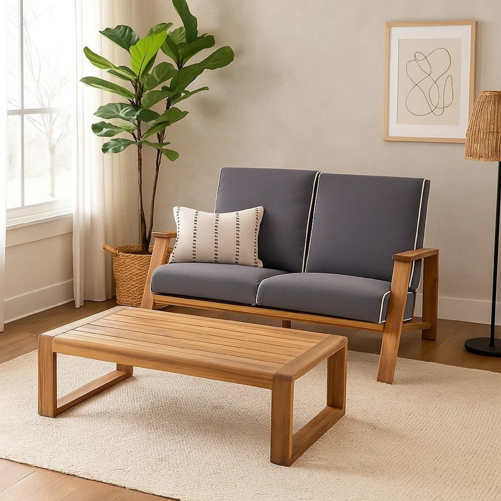 Benjara Eddy 2pc Patio Loveseat And Coffee Table Set, Brown Acacia Wood, Gray