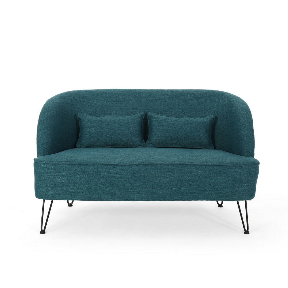 Benjara Lisa Loveseat with 2 Lumbar Pillows, Hairpin Legs, Teal Blue 50 Inch