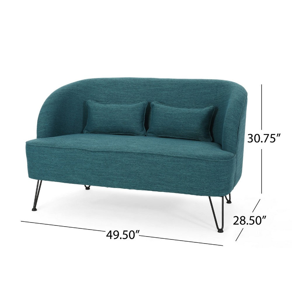Benjara Lisa Loveseat with 2 Lumbar Pillows, Hairpin Legs, Teal Blue 50 Inch