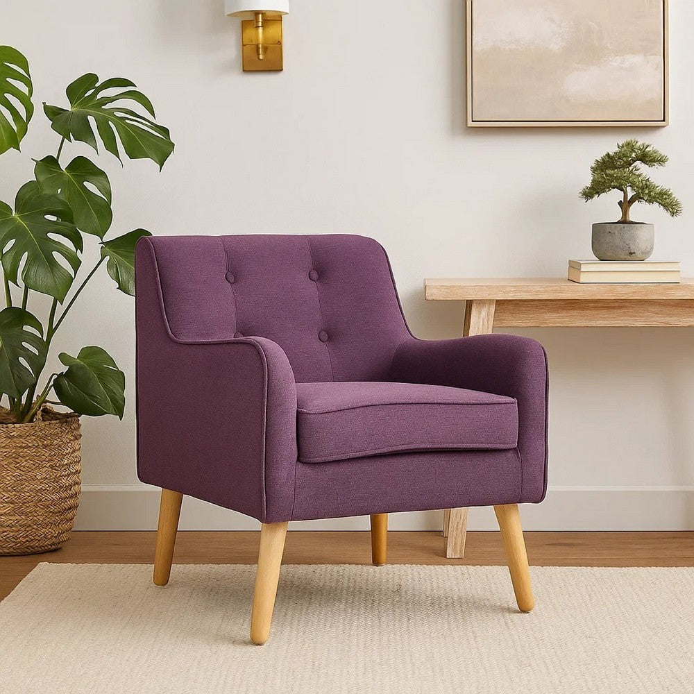 Benjara Felix Accent Armchair, Splayed Birch Wood Legs, Button Tufted Purple