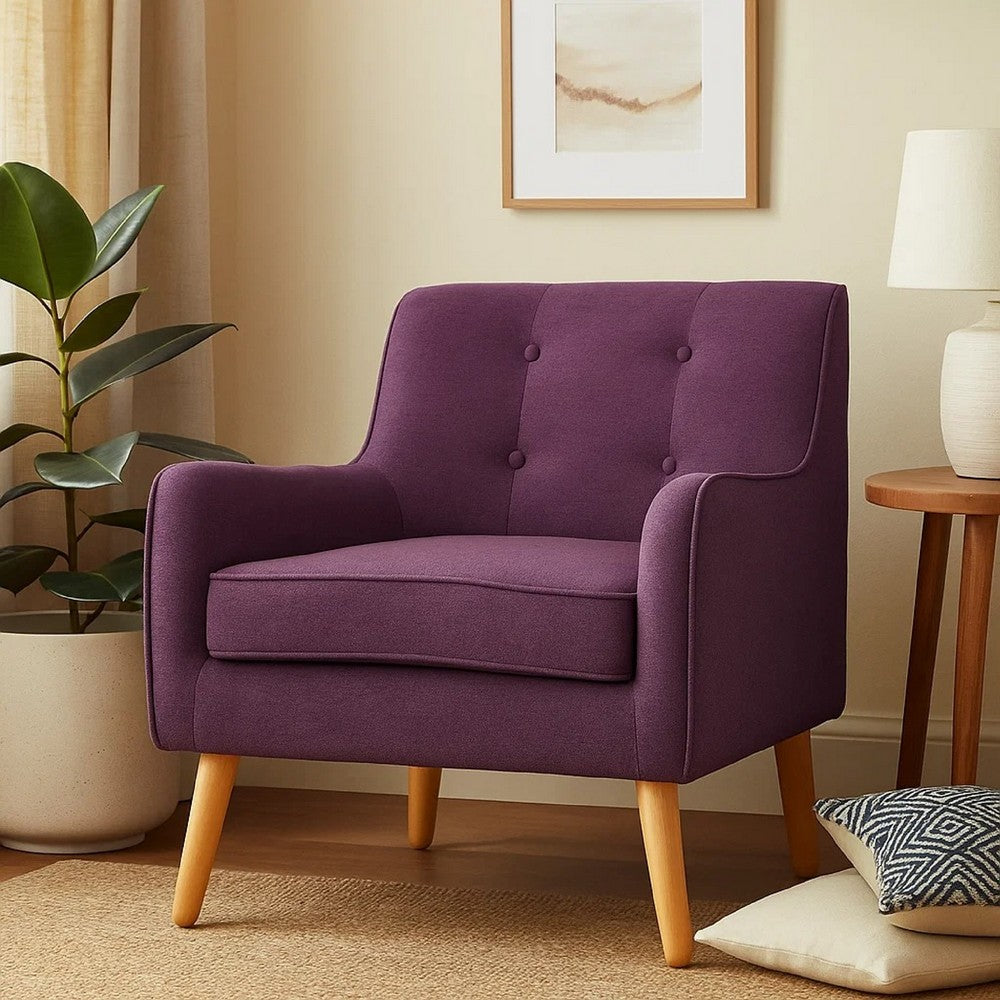 Benjara Felix Accent Armchair, Splayed Birch Wood Legs, Button Tufted Purple