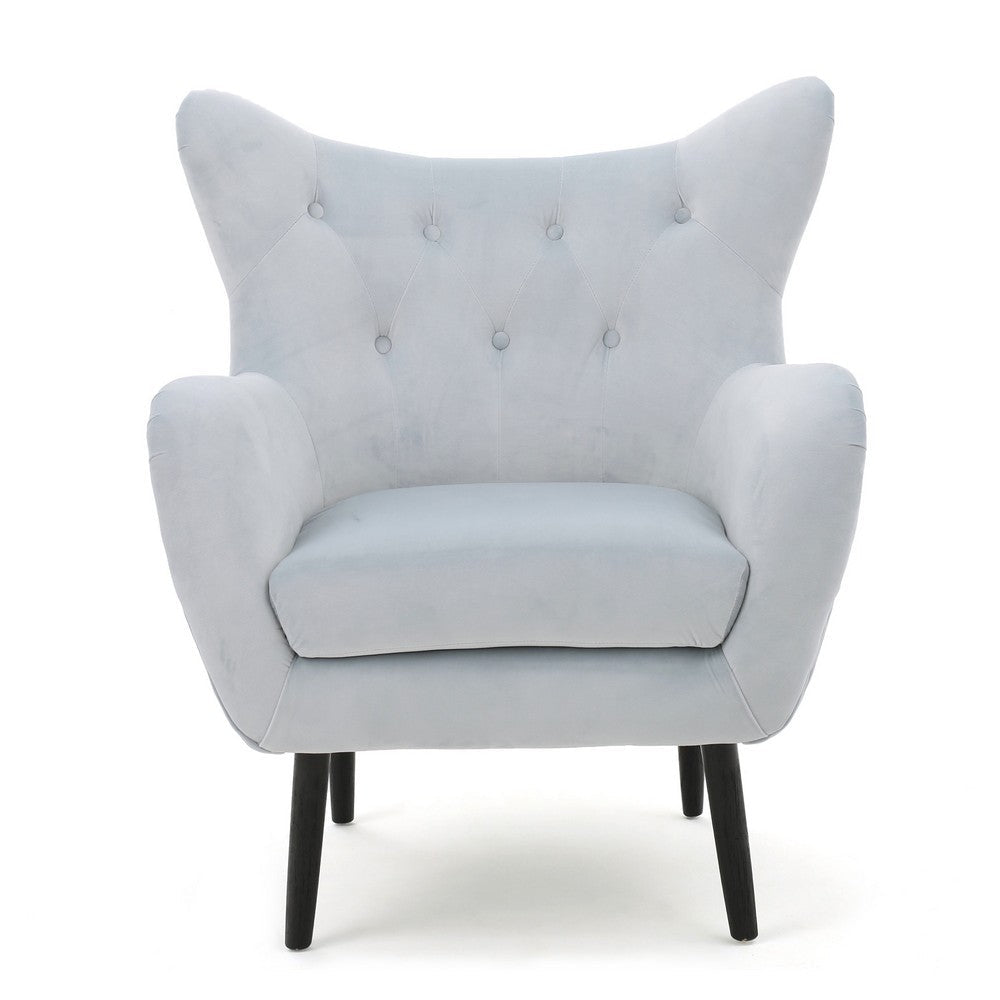 Benjara Zorro Accent Armchair, Solid Oak Wood, Light Gray Button Tufted Velvet