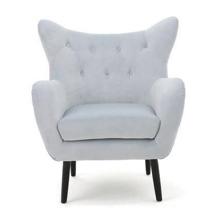 Benjara Zorro Accent Armchair, Solid Oak Wood, Light Gray Button Tufted Velvet