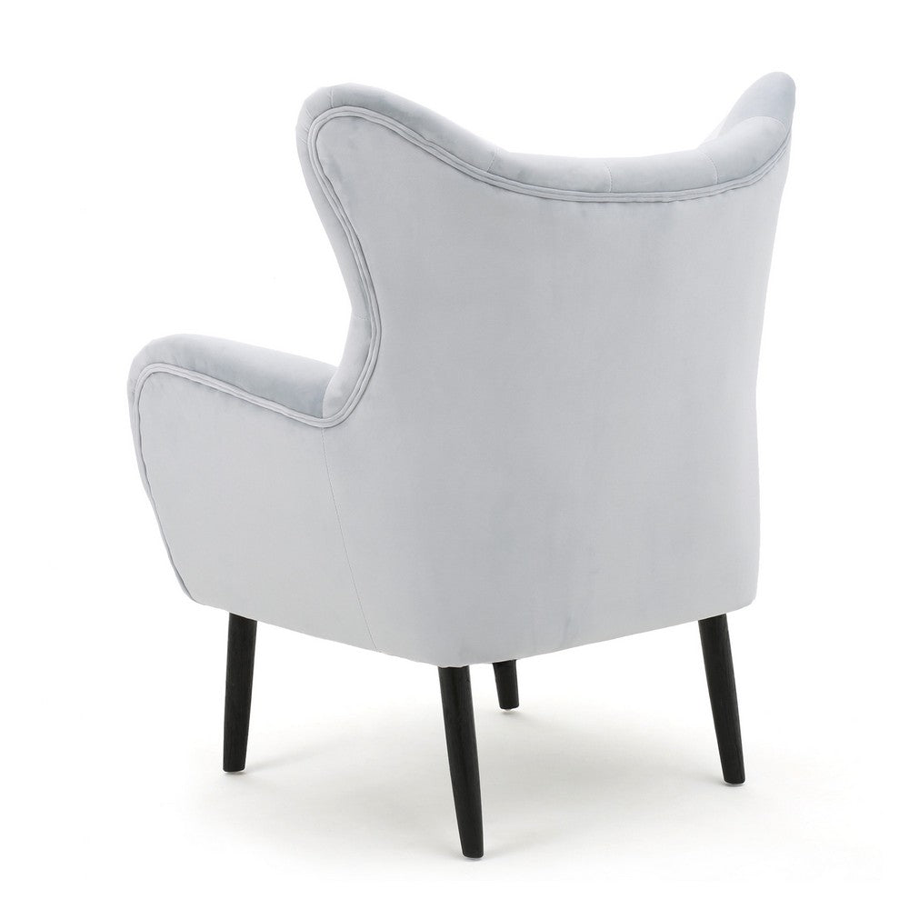 Benjara Zorro Accent Armchair, Solid Oak Wood, Light Gray Button Tufted Velvet