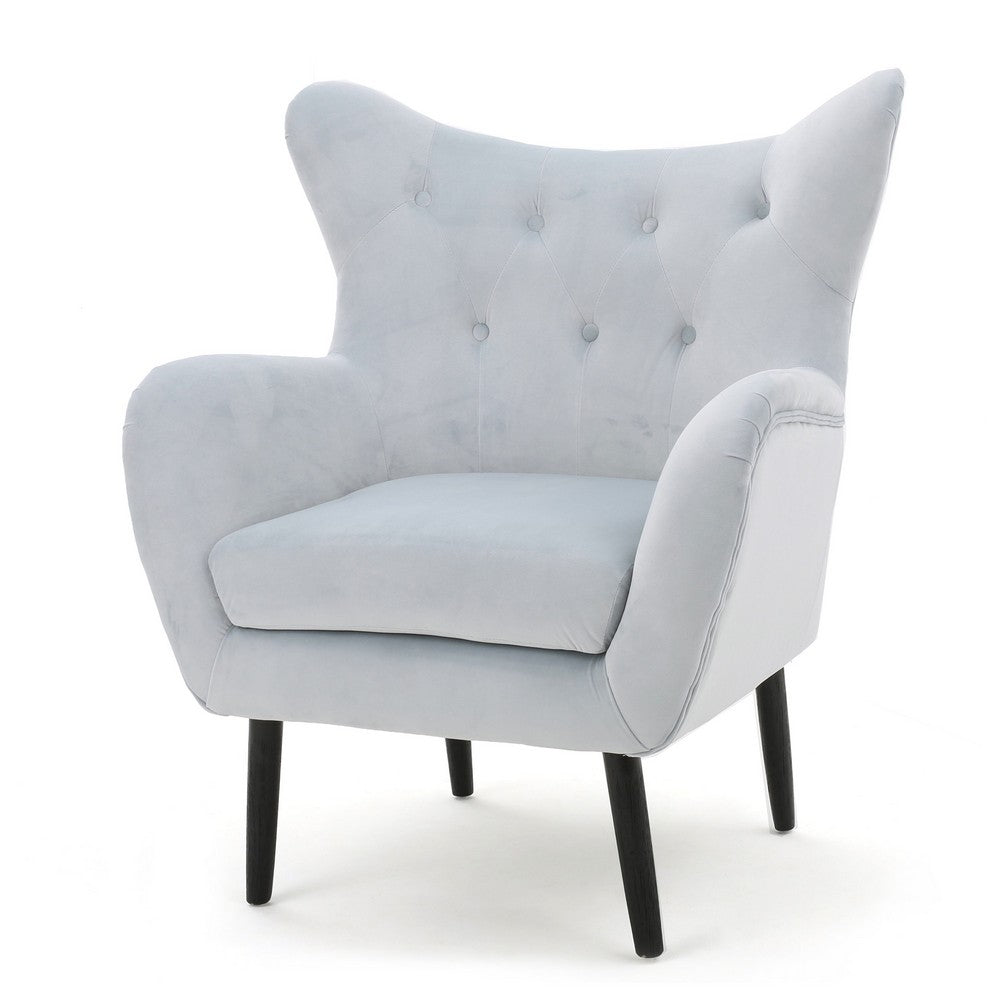 Benjara Zorro Accent Armchair, Solid Oak Wood, Light Gray Button Tufted Velvet