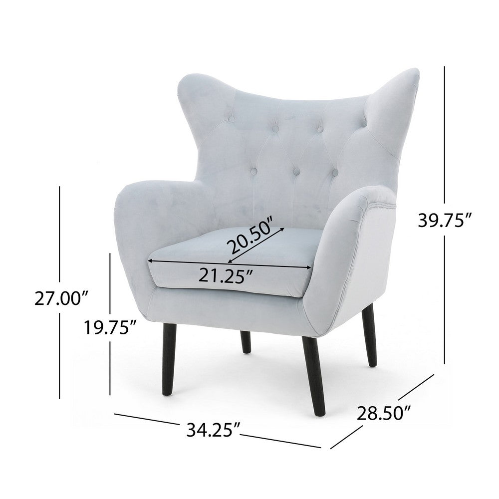 Benjara Zorro Accent Armchair, Solid Oak Wood, Light Gray Button Tufted Velvet