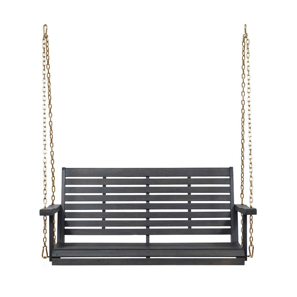 Benjara Mania Porch Swing Bench with Hanging Chain, Slatted Gray Acacia Wood