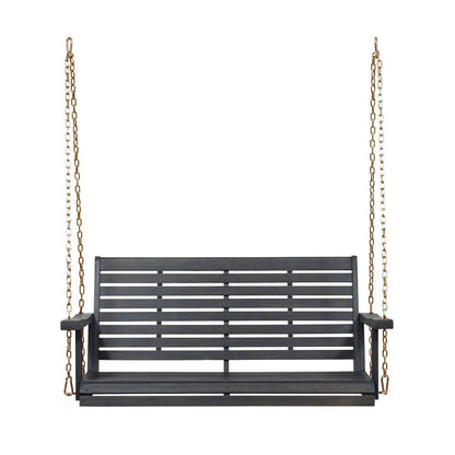 Benjara Mania Porch Swing Bench with Hanging Chain, Slatted Gray Acacia Wood