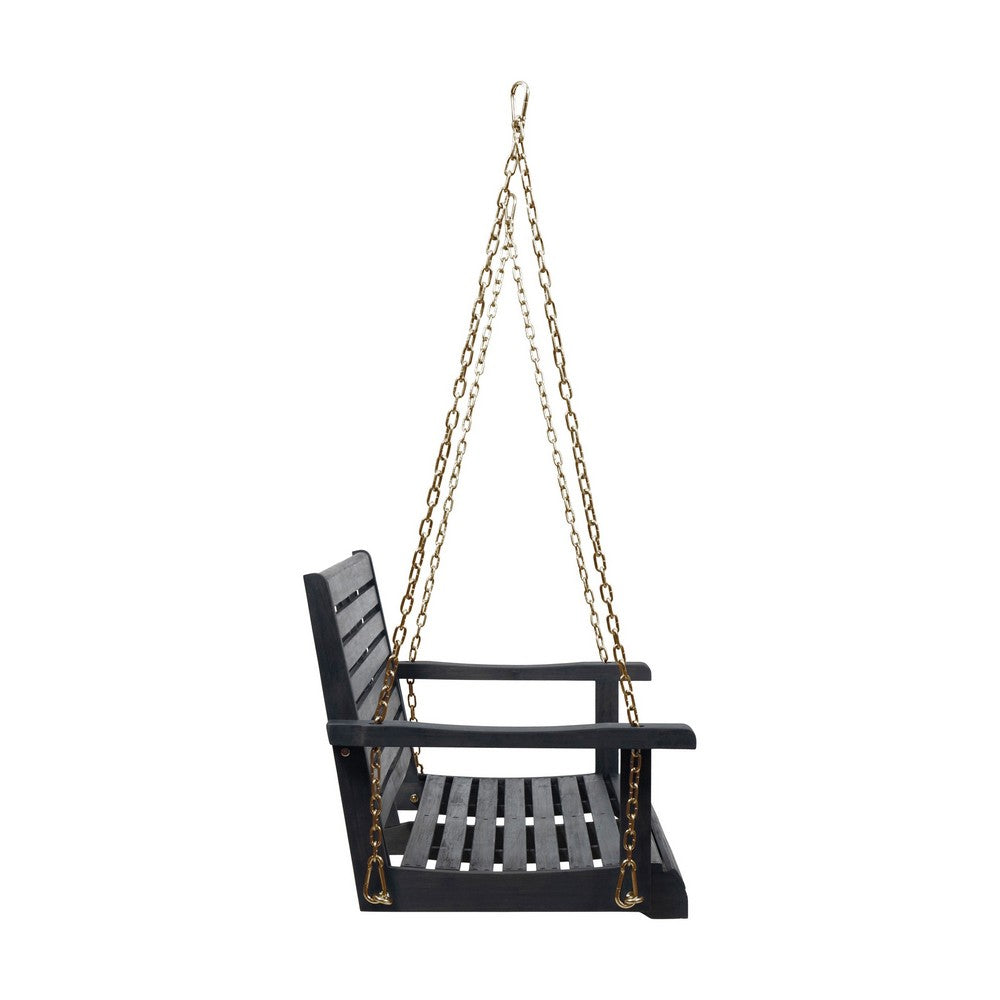 Benjara Mania Porch Swing Bench with Hanging Chain, Slatted Gray Acacia Wood