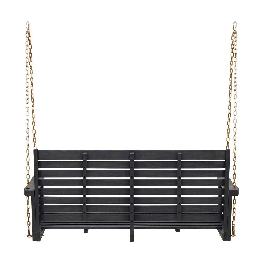 Benjara Mania Porch Swing Bench with Hanging Chain, Slatted Gray Acacia Wood