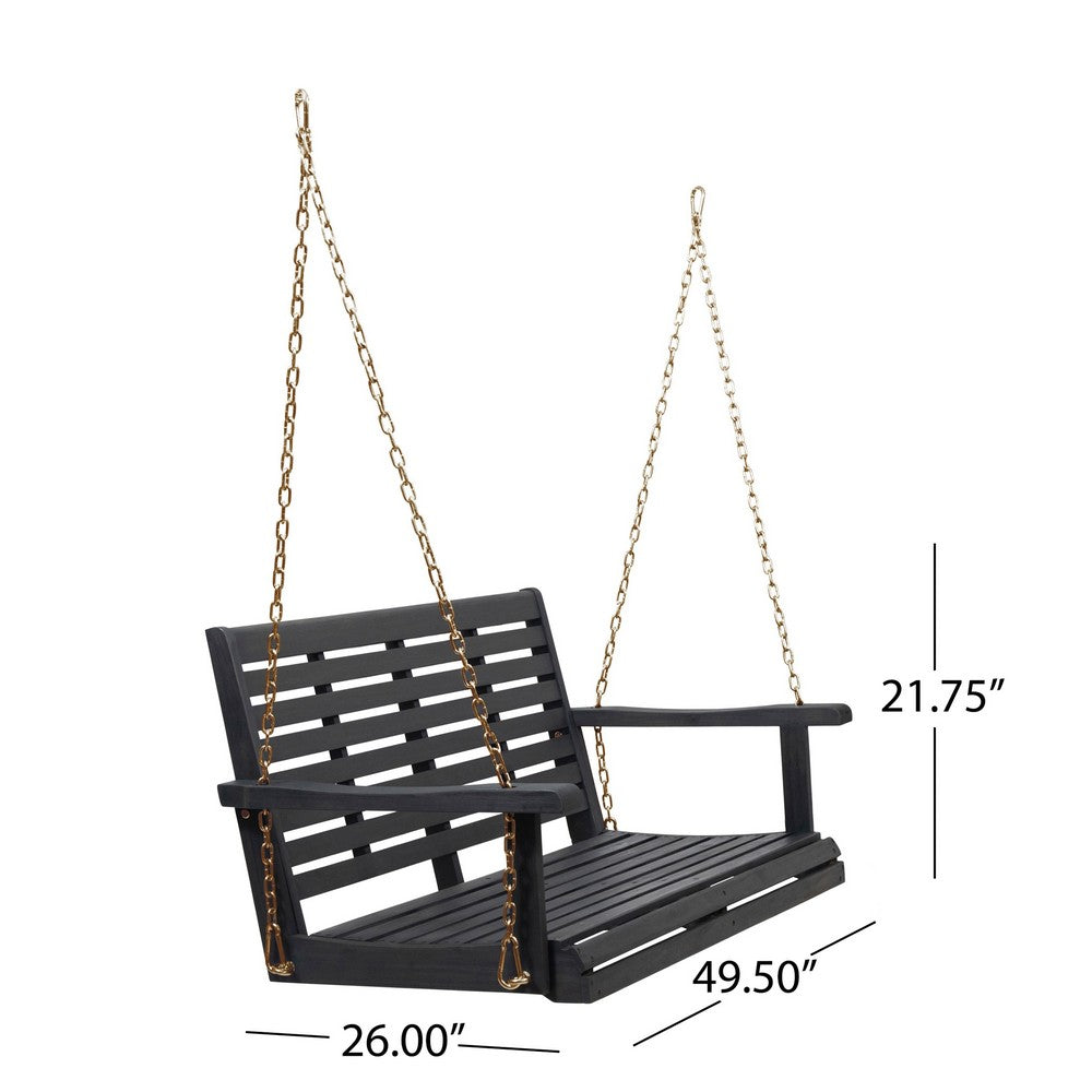 Benjara Mania Porch Swing Bench with Hanging Chain, Slatted Gray Acacia Wood