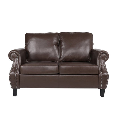 Benjara Zika Loveseat, Nailhead Trim Dark Brown Faux Leather, 59 Inch