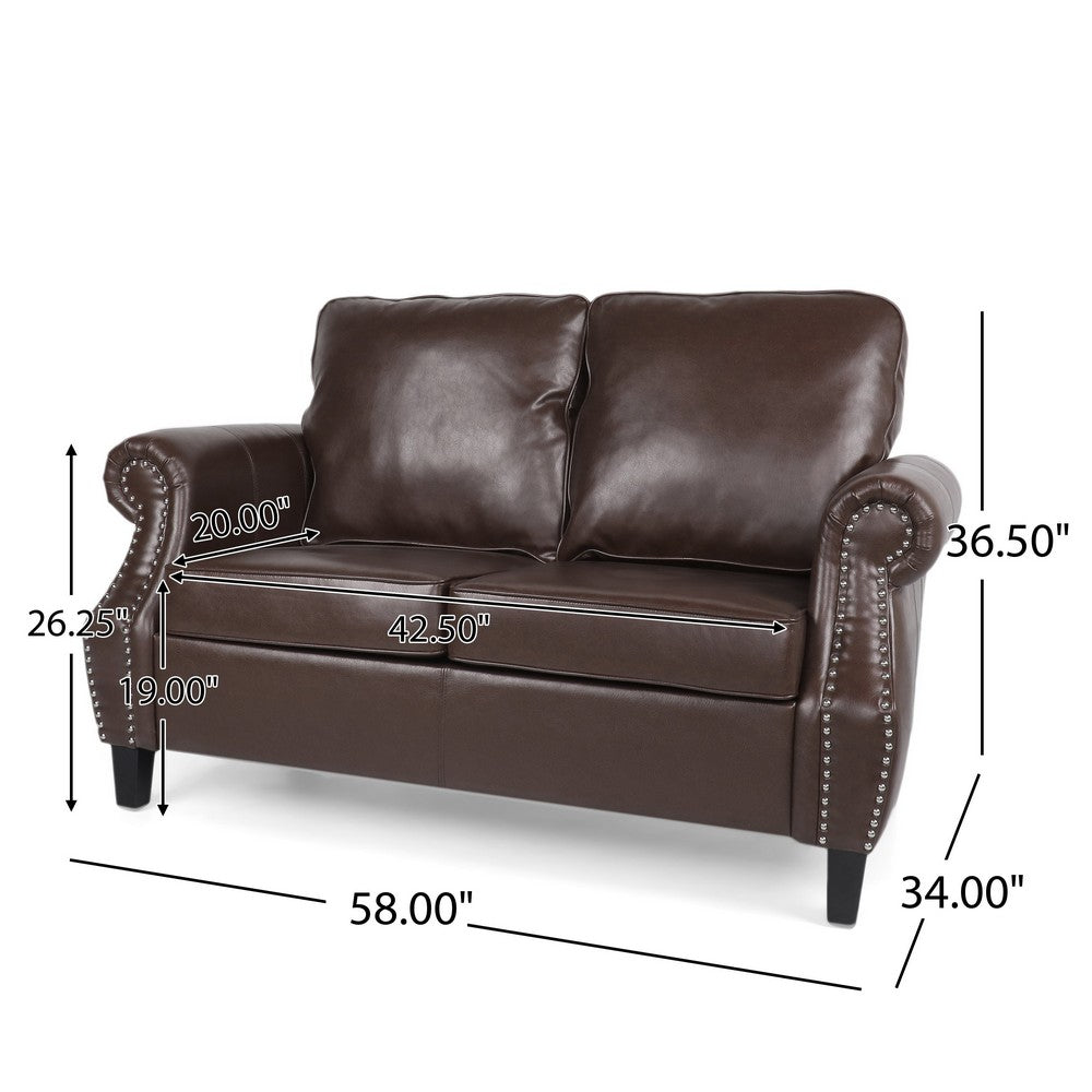Benjara Zika Loveseat, Nailhead Trim Dark Brown Faux Leather, 59 Inch