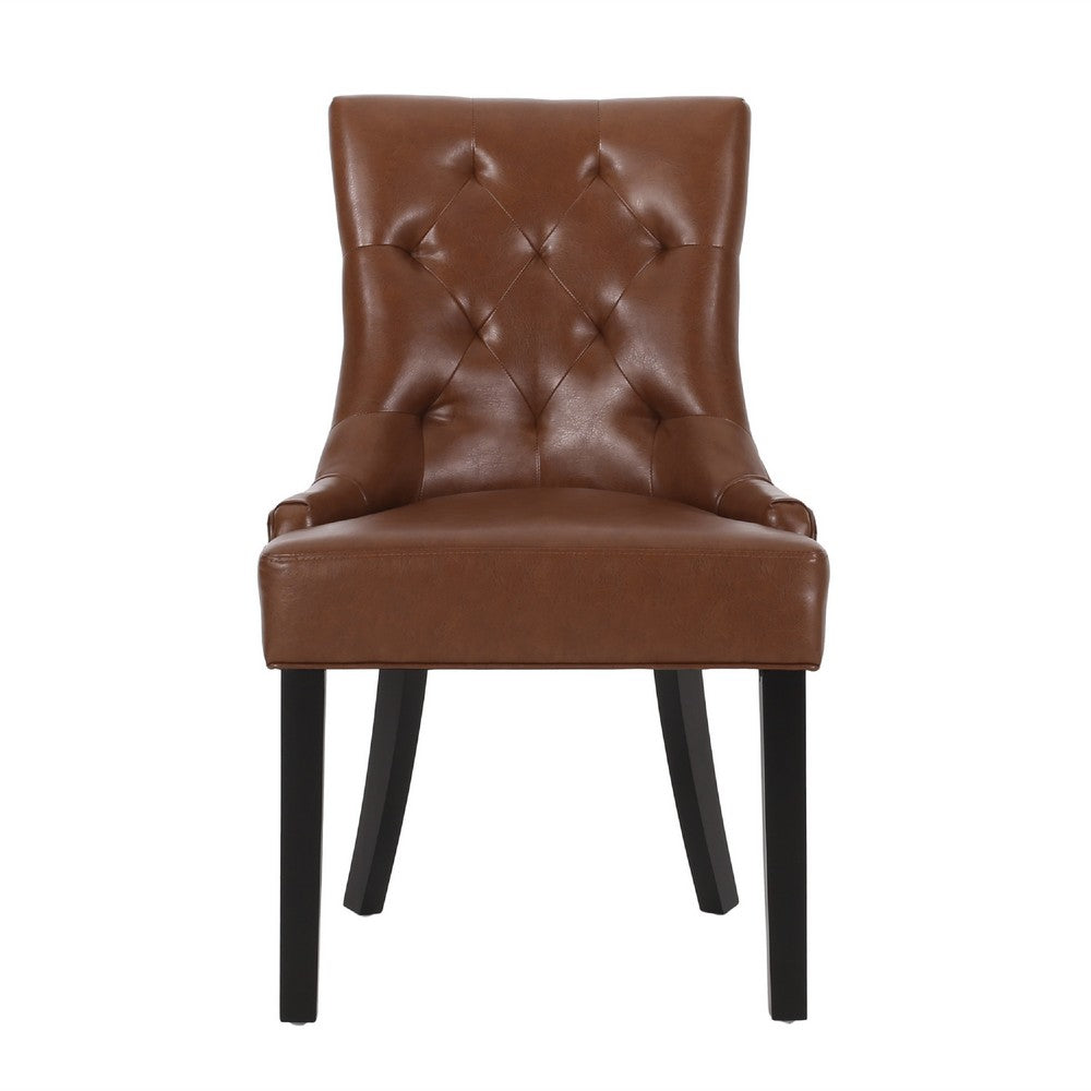 Benjara Chen Dining Chair Set of 2, Diamond Tufted Back, Brown Faux Leather