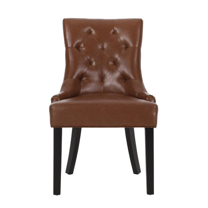 Benjara Chen Dining Chair Set of 2, Diamond Tufted Back, Brown Faux Leather