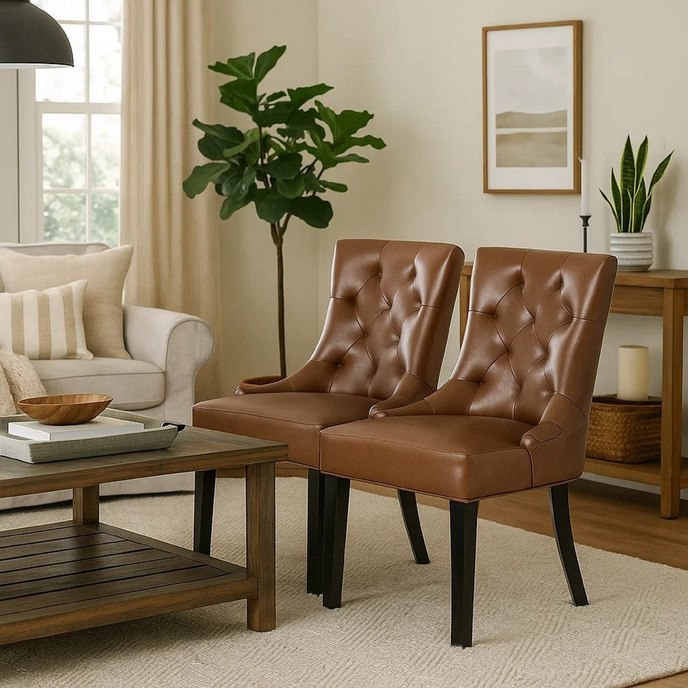 Benjara Chen Dining Chair Set of 2, Diamond Tufted Back, Brown Faux Leather