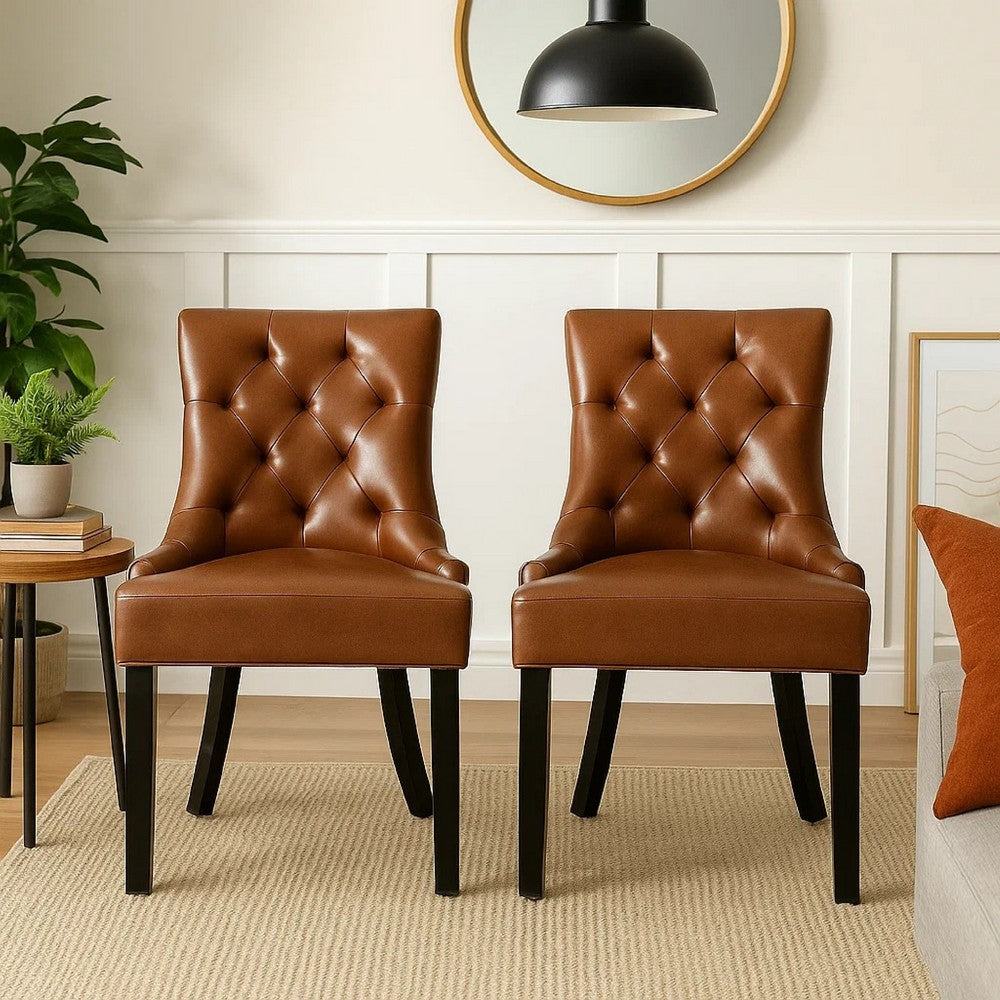 Benjara Chen Dining Chair Set of 2, Diamond Tufted Back, Brown Faux Leather