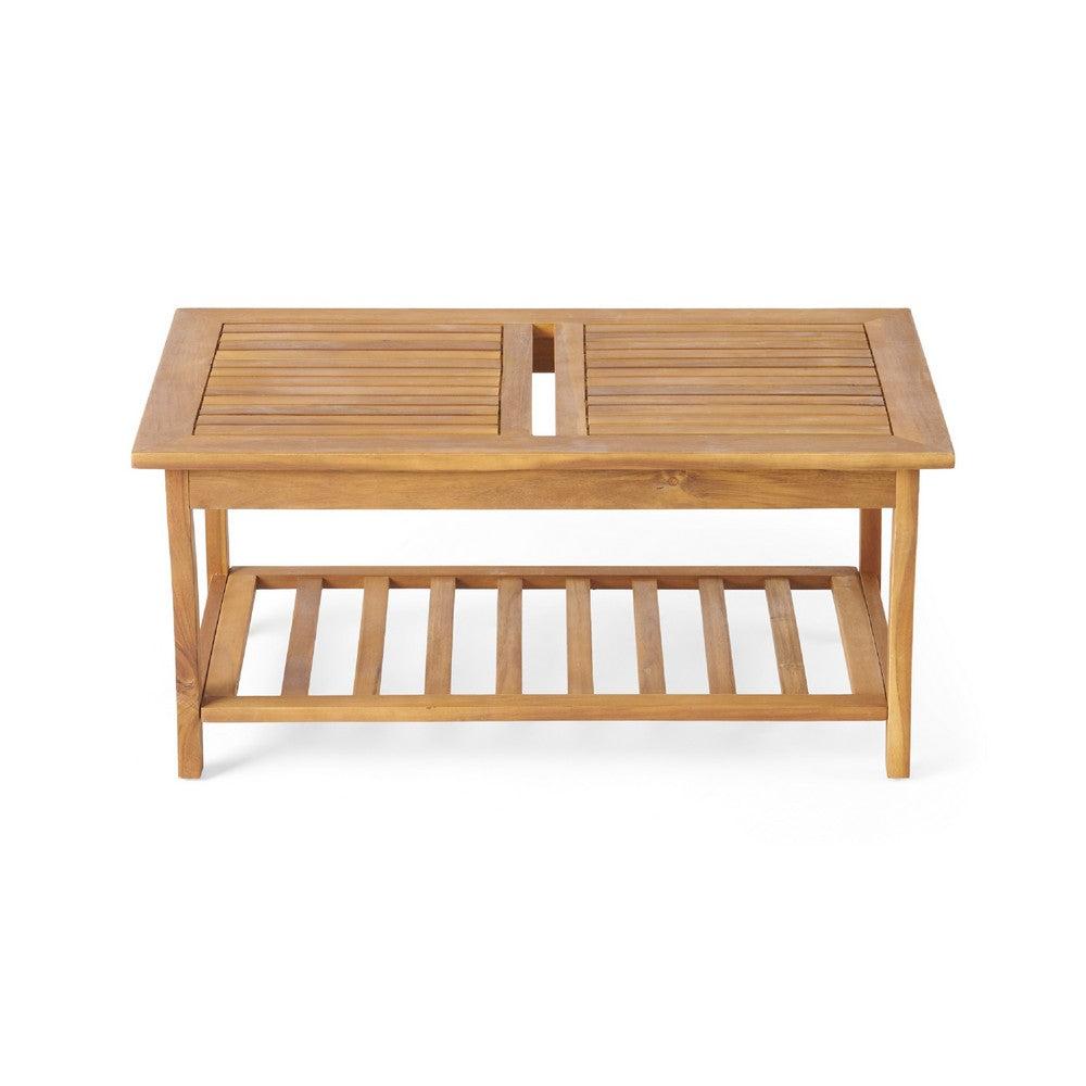 Benjara 3pc Outdoor Club Chair Set w Coffee Table, Brown Wood Slatted Design