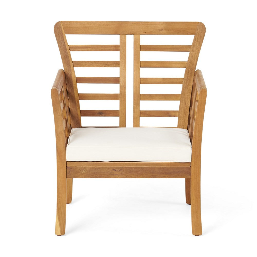 Benjara 3pc Outdoor Club Chair Set w Coffee Table, Brown Wood Slatted Design