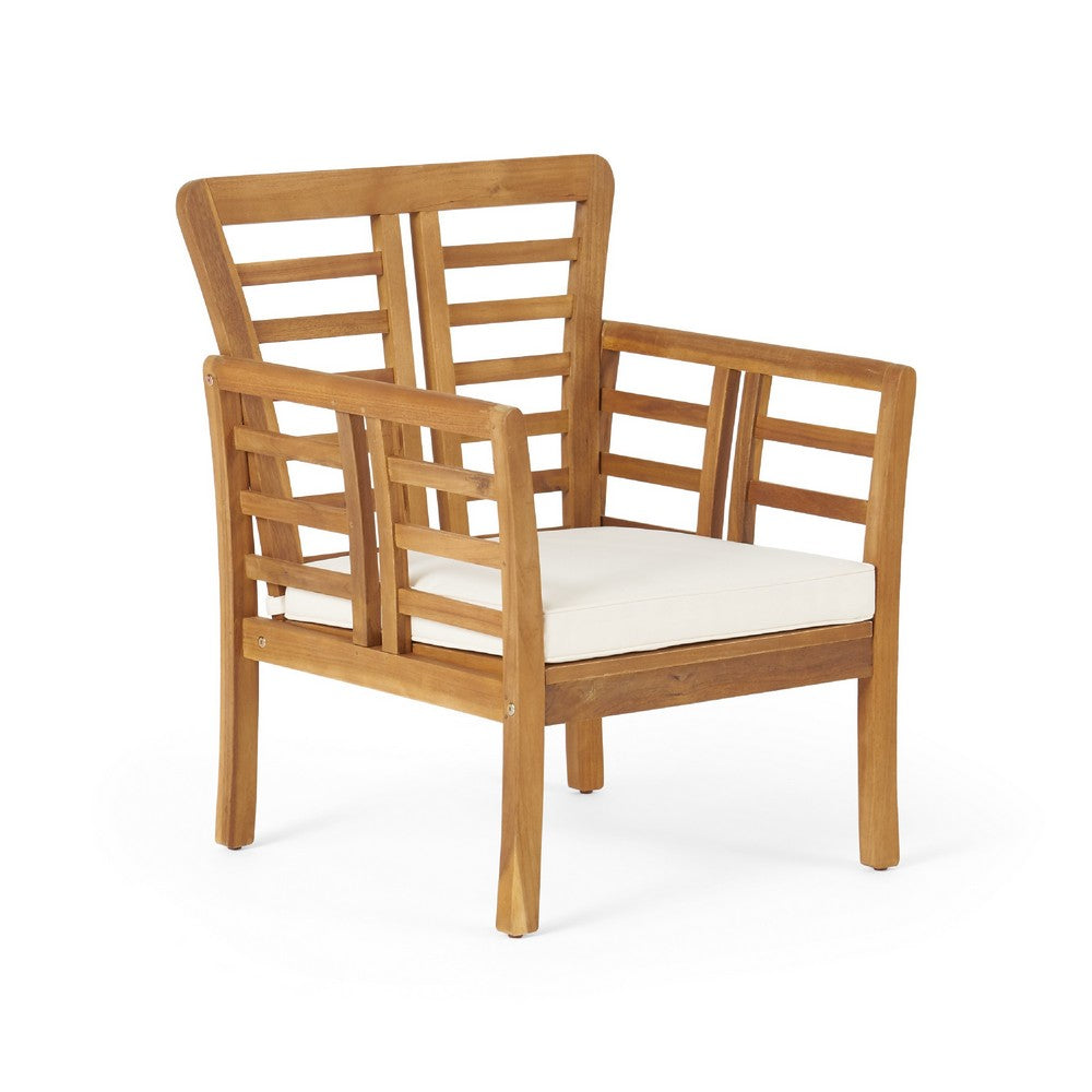 Benjara 3pc Outdoor Club Chair Set w Coffee Table, Brown Wood Slatted Design