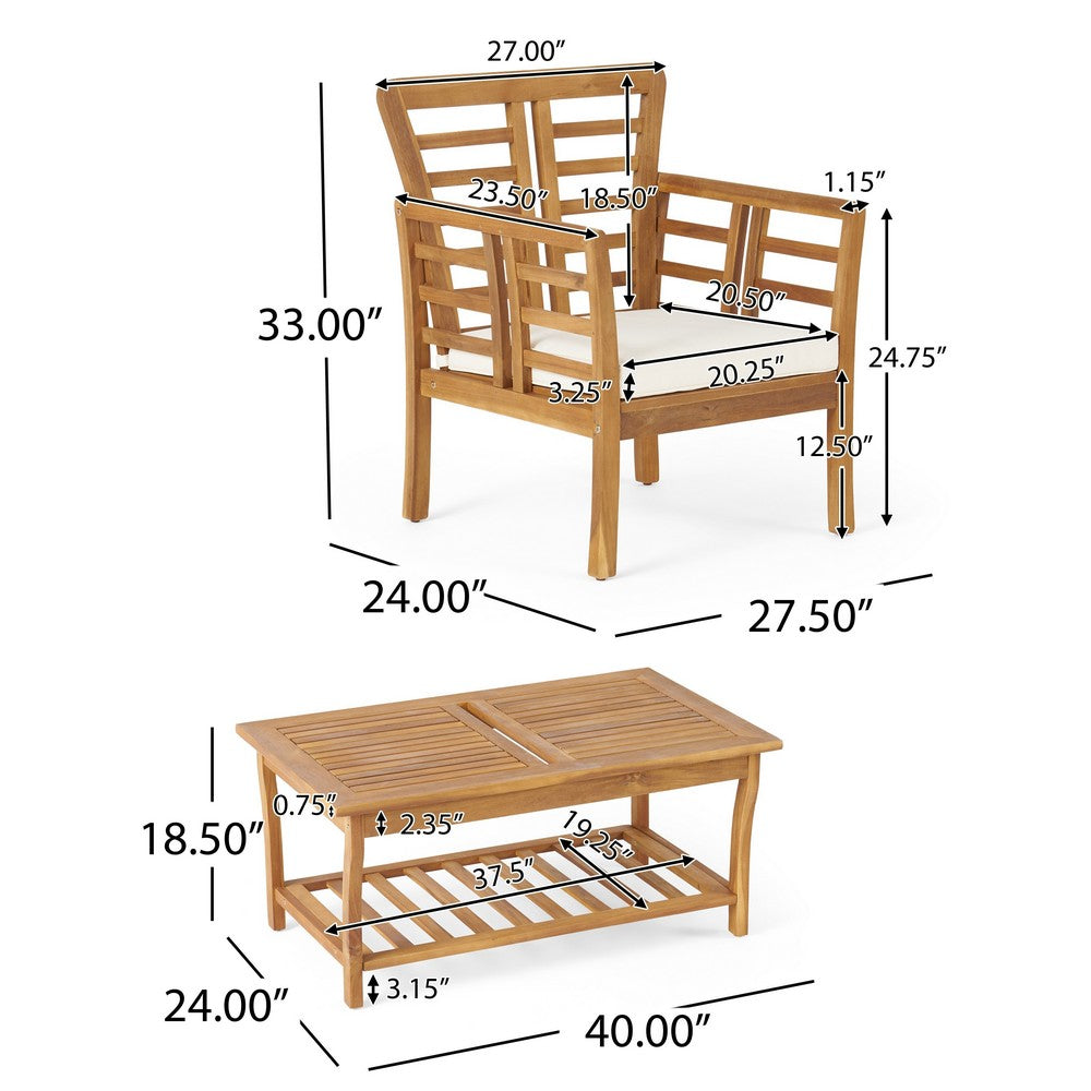 Benjara 3pc Outdoor Club Chair Set w Coffee Table, Brown Wood Slatted Design