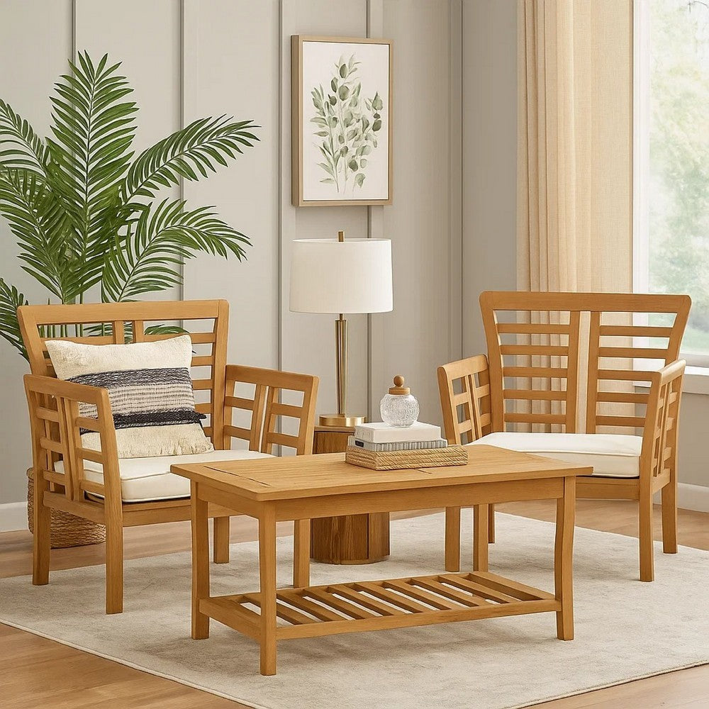 Benjara 3pc Outdoor Club Chair Set w Coffee Table, Brown Wood Slatted Design