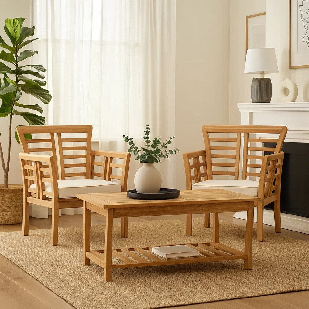 Benjara 3pc Outdoor Club Chair Set w Coffee Table, Brown Wood Slatted Design