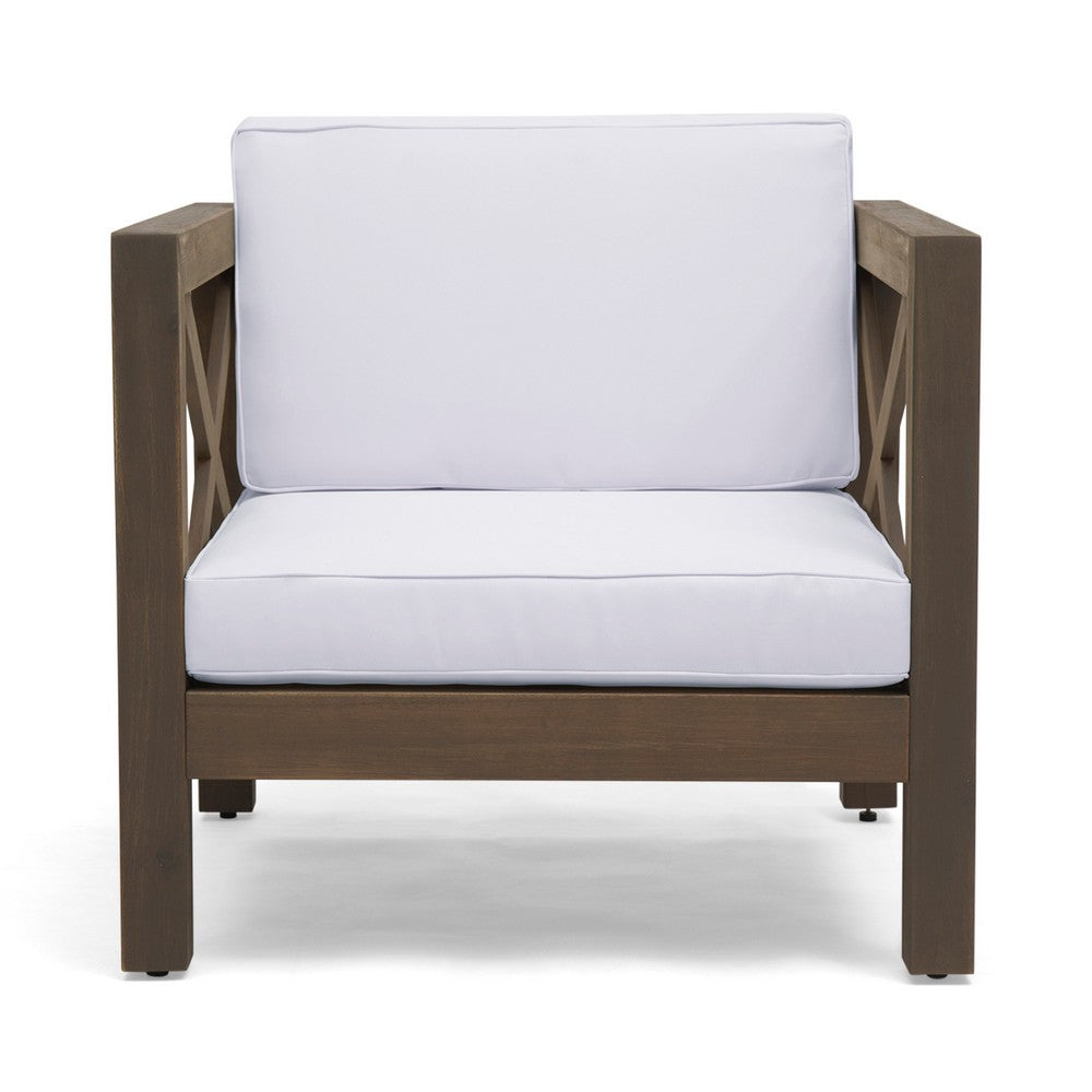 Benjara Bea Outdoor Club Chair, White Cushions, X Back Design Weathered Gray