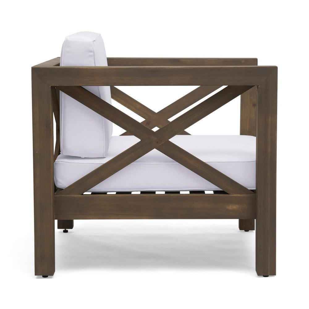 Benjara Bea Outdoor Club Chair, White Cushions, X Back Design Weathered Gray
