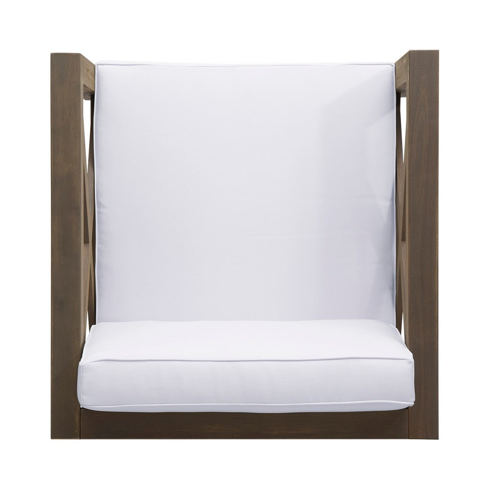 Benjara Bea Outdoor Club Chair, White Cushions, X Back Design Weathered Gray
