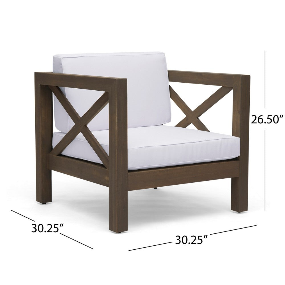 Benjara Bea Outdoor Club Chair, White Cushions, X Back Design Weathered Gray