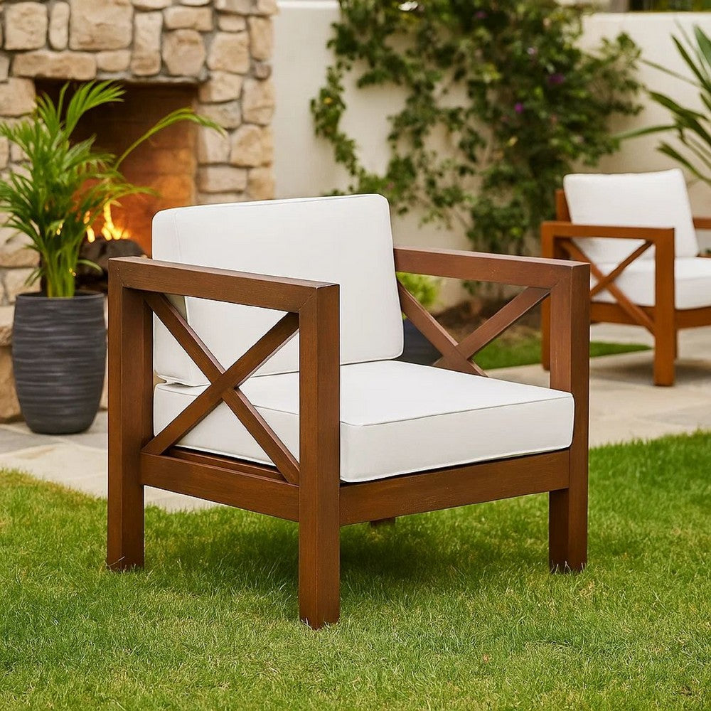 Benjara Bea Outdoor Club Chair, White Cushions, X Back Design Weathered Gray