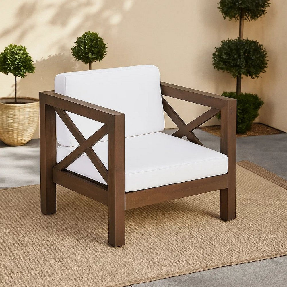 Benjara Bea Outdoor Club Chair, White Cushions, X Back Design Weathered Gray