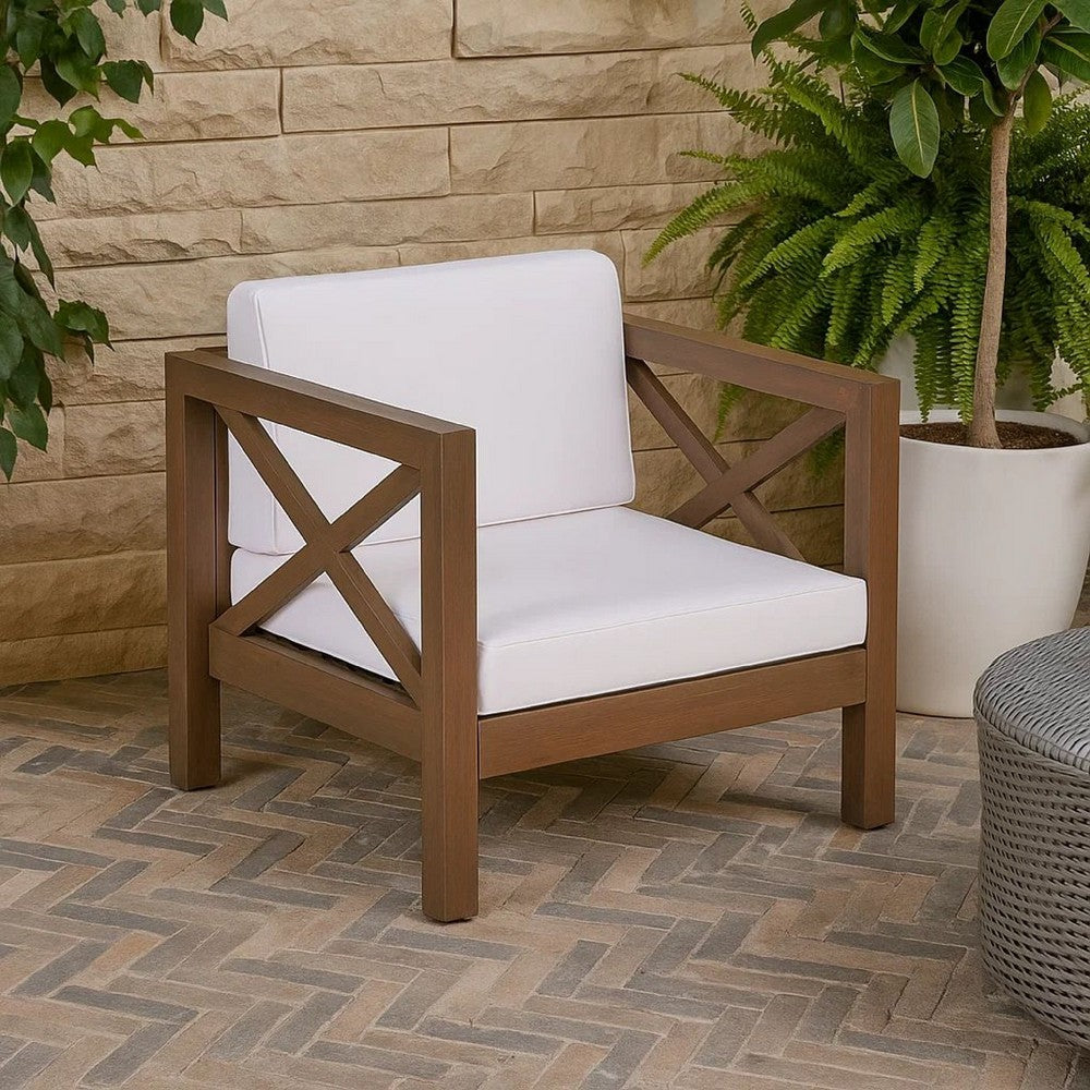 Benjara Bea Outdoor Club Chair, White Cushions, X Back Design Weathered Gray