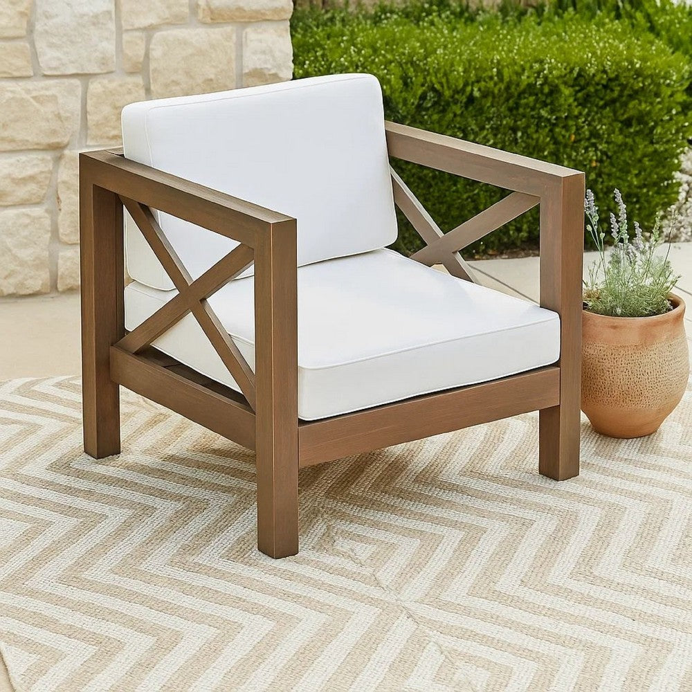 Benjara Bea Outdoor Club Chair, White Cushions, X Back Design Weathered Gray