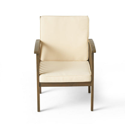Benjara Gerry Outdoor Club Chair Set of 2, Cream Cushions, Slatted Dark Brown