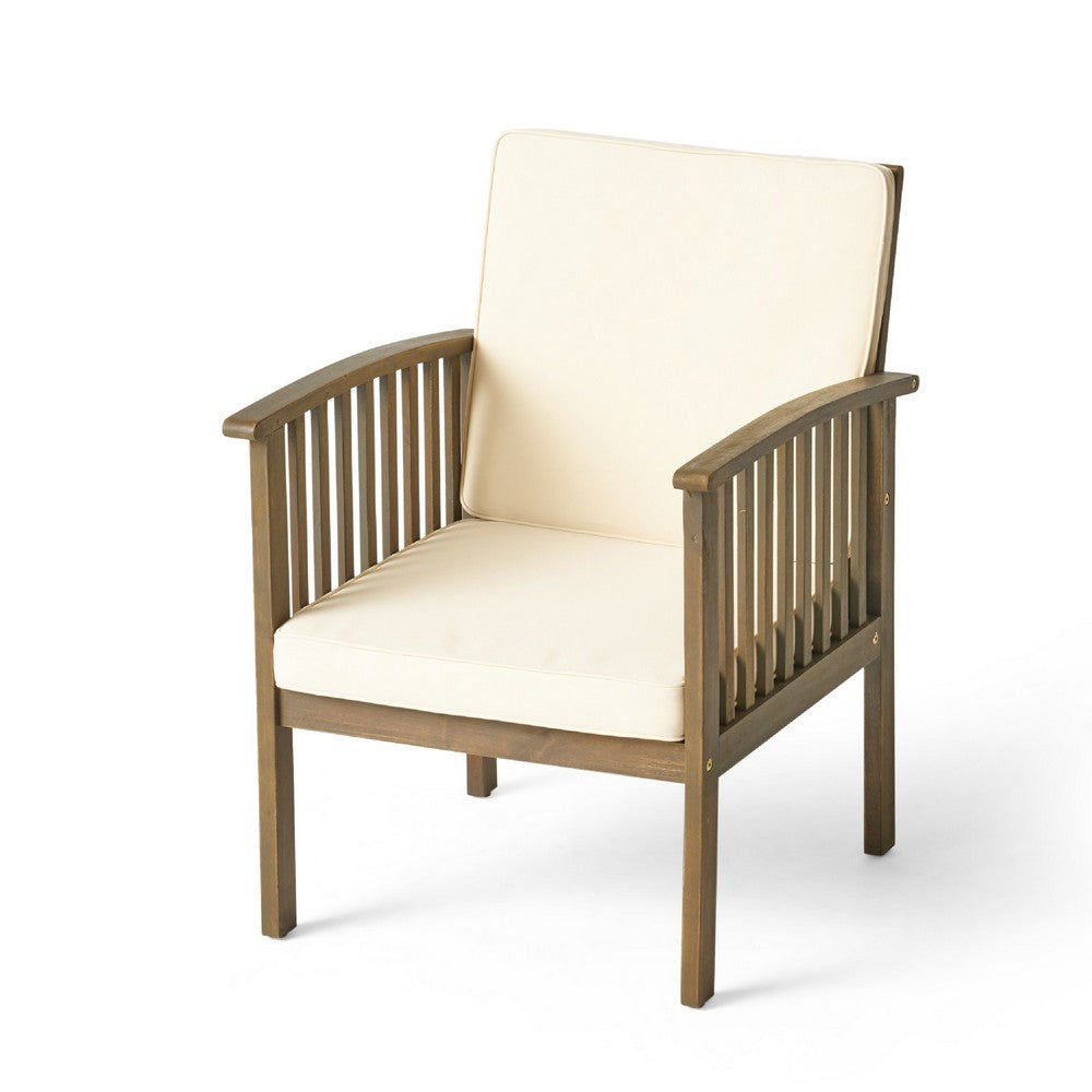 Benjara Gerry Outdoor Club Chair Set of 2, Cream Cushions, Slatted Dark Brown