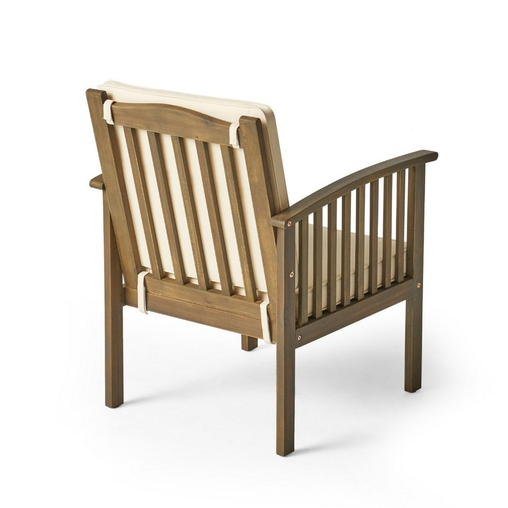 Benjara Gerry Outdoor Club Chair Set of 2, Cream Cushions, Slatted Dark Brown