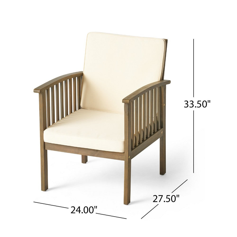 Benjara Gerry Outdoor Club Chair Set of 2, Cream Cushions, Slatted Dark Brown