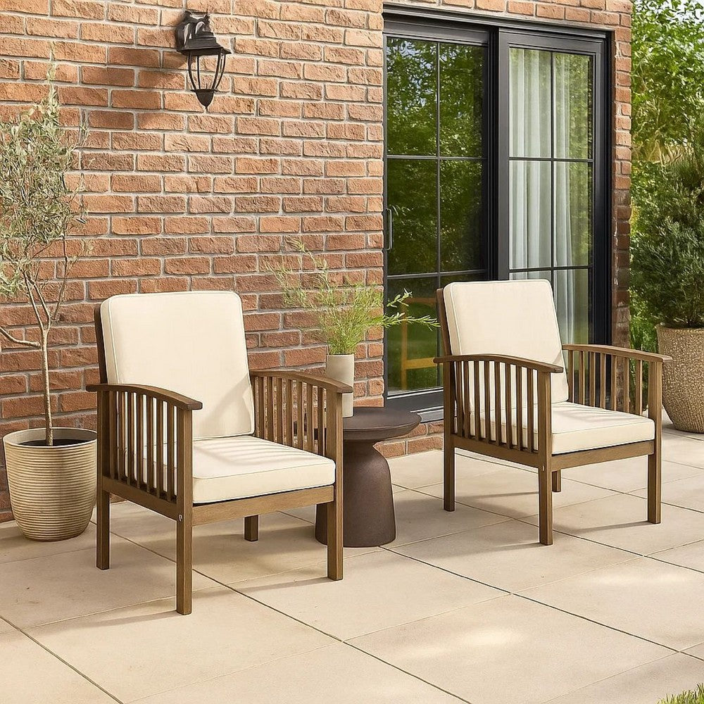 Benjara Gerry Outdoor Club Chair Set of 2, Cream Cushions, Slatted Dark Brown