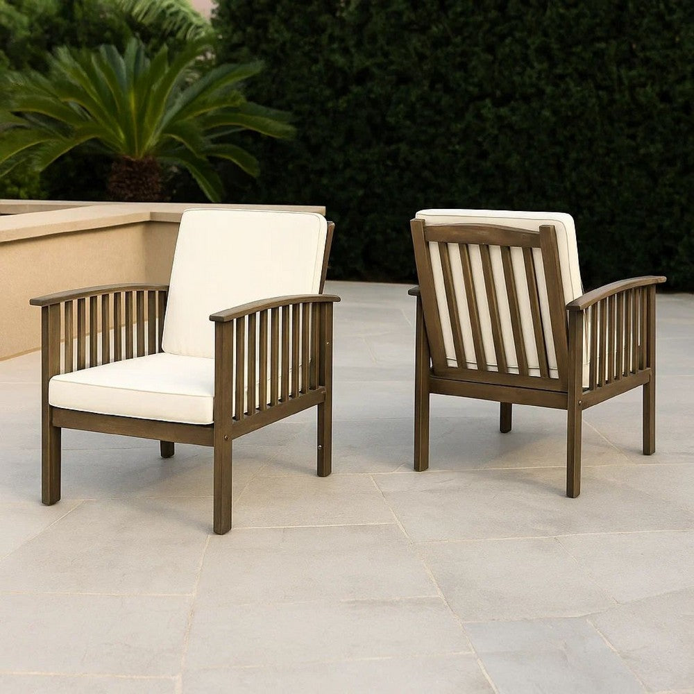 Benjara Gerry Outdoor Club Chair Set of 2, Cream Cushions, Slatted Dark Brown