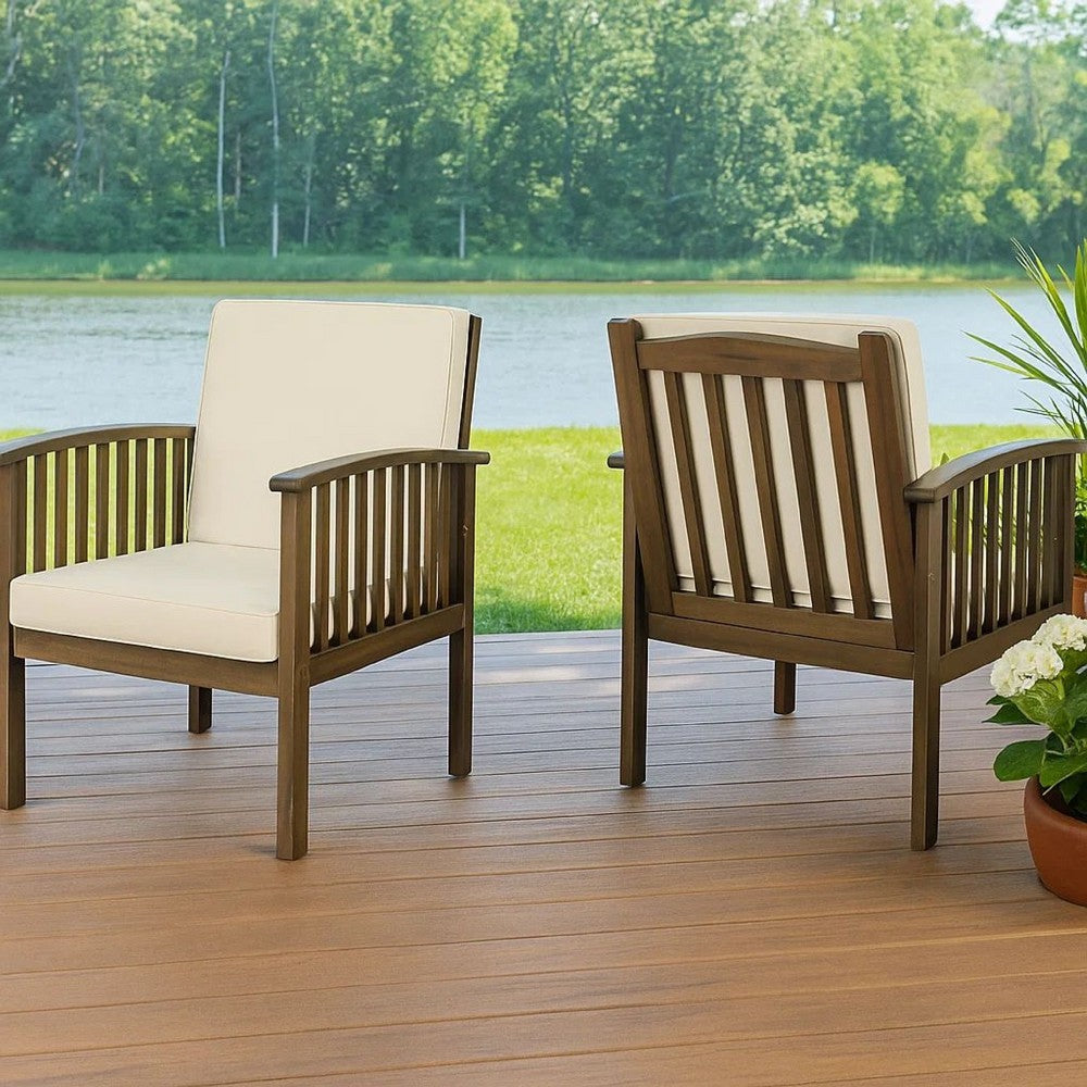 Benjara Gerry Outdoor Club Chair Set of 2, Cream Cushions, Slatted Dark Brown