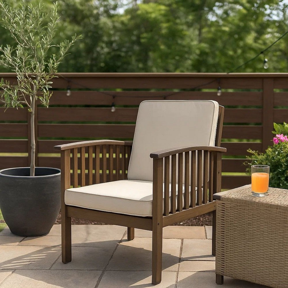 Benjara Gerry Outdoor Club Chair Set of 2, Cream Cushions, Slatted Dark Brown